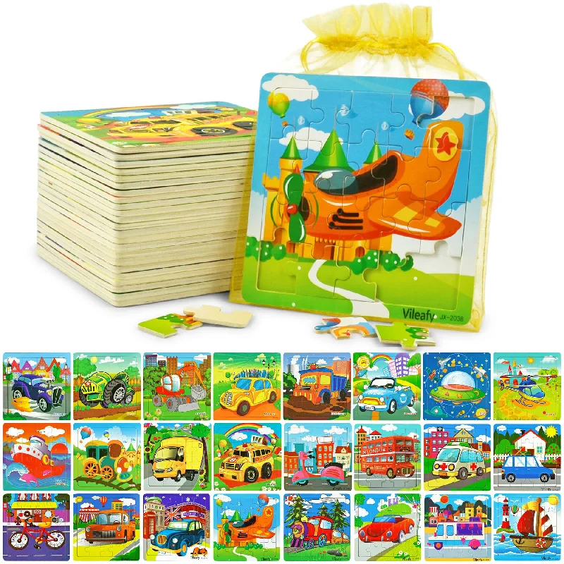 Mega Set: Wooden Preschool Vehicles and Transportation 24 Pack Puzzles