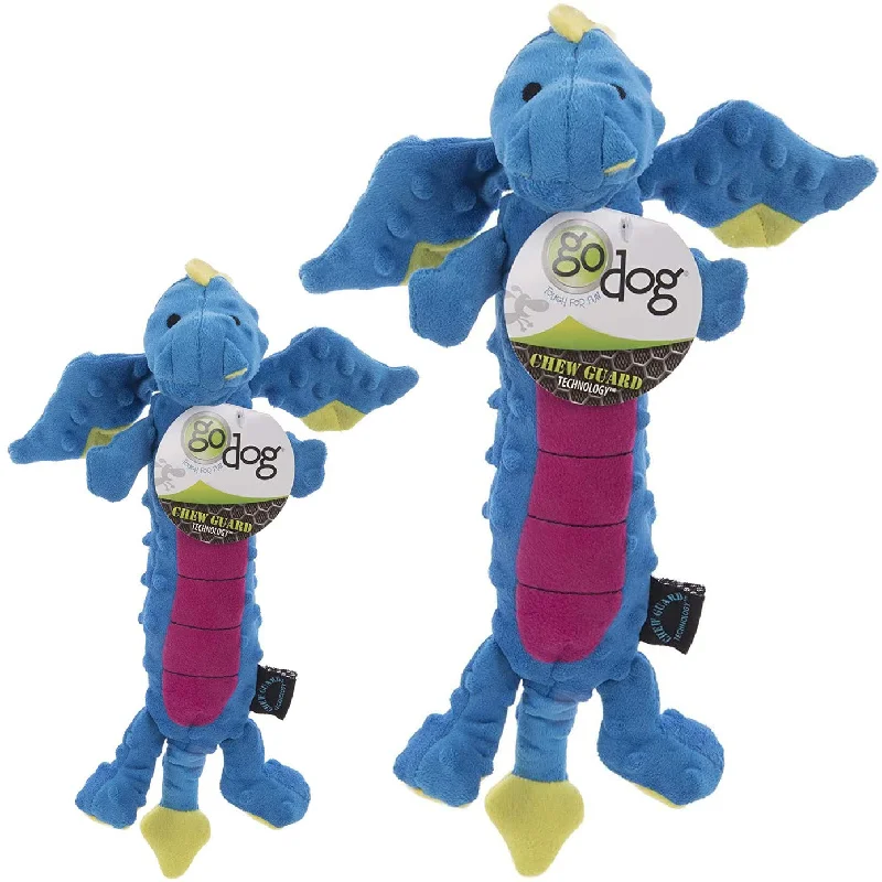 goDog Skinny Dragon Durable Squeaky Plush Dog Toy, Blue