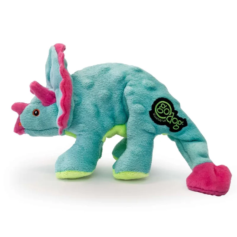 goDog Triceratops Dinosaur Durable Squeaky Plush Dog Toy, Small Teal