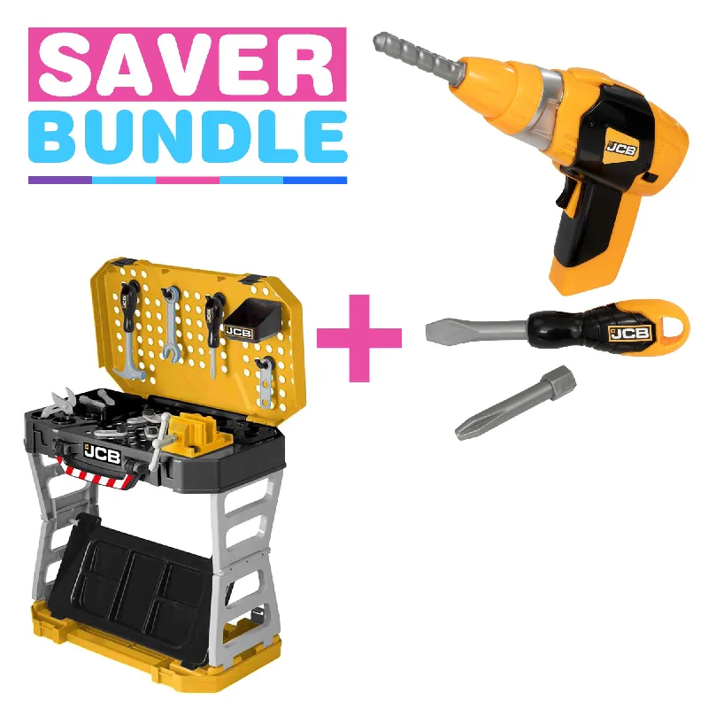 JCB Toy Drill + JCB Pop-Up Kids Toy Workbench Bundle